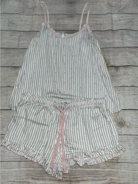 🤎3/$10 P.J. Salvage White Stripe Sleep Set Pajamas with Pink Hearts Size Large